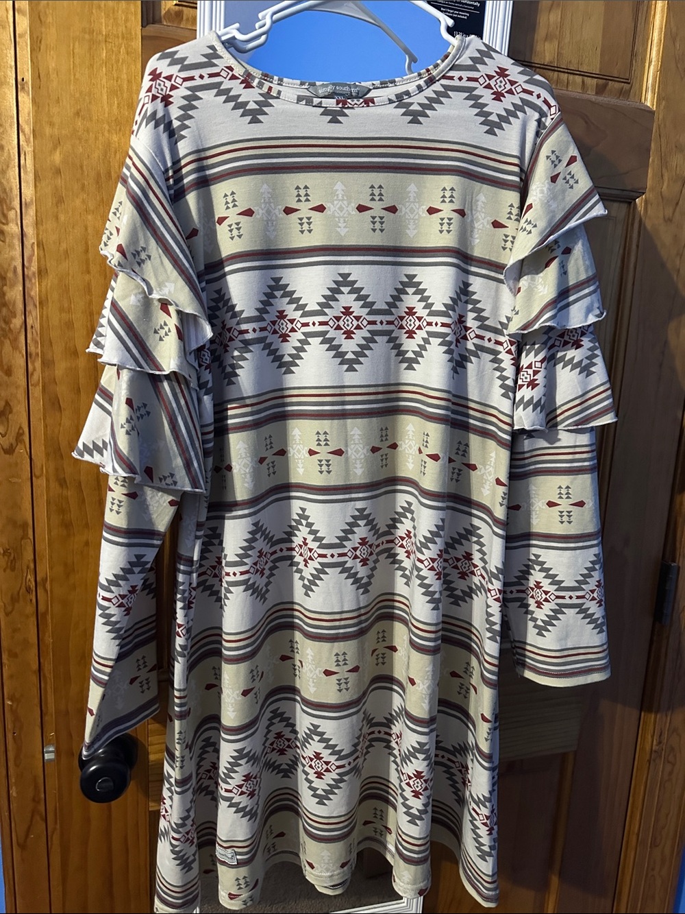 Aztec Print Ruffle Sleeve Tunic Dress - Cream & Maroon